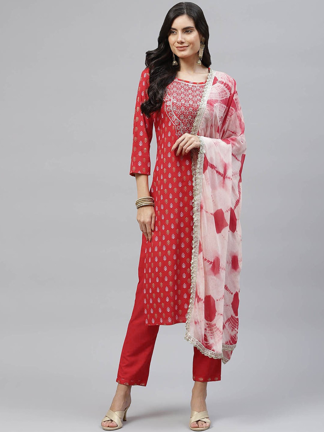 

MAAND Women Red Ethnic Motifs Embroidered Kurta with Trousers & With Dupatta
