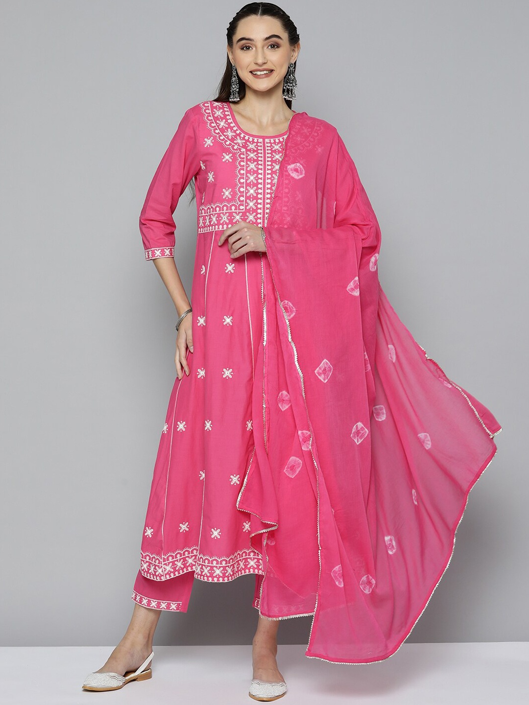 

MAAND Women Pink Ethnic Motifs Embroidered Panelled Kurta with Trousers & With Dupatta