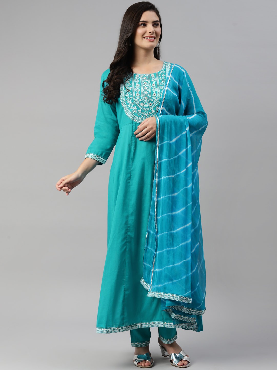

MAAND Women Blue Embroidered Panelled Kurta with Trousers & With Dupatta