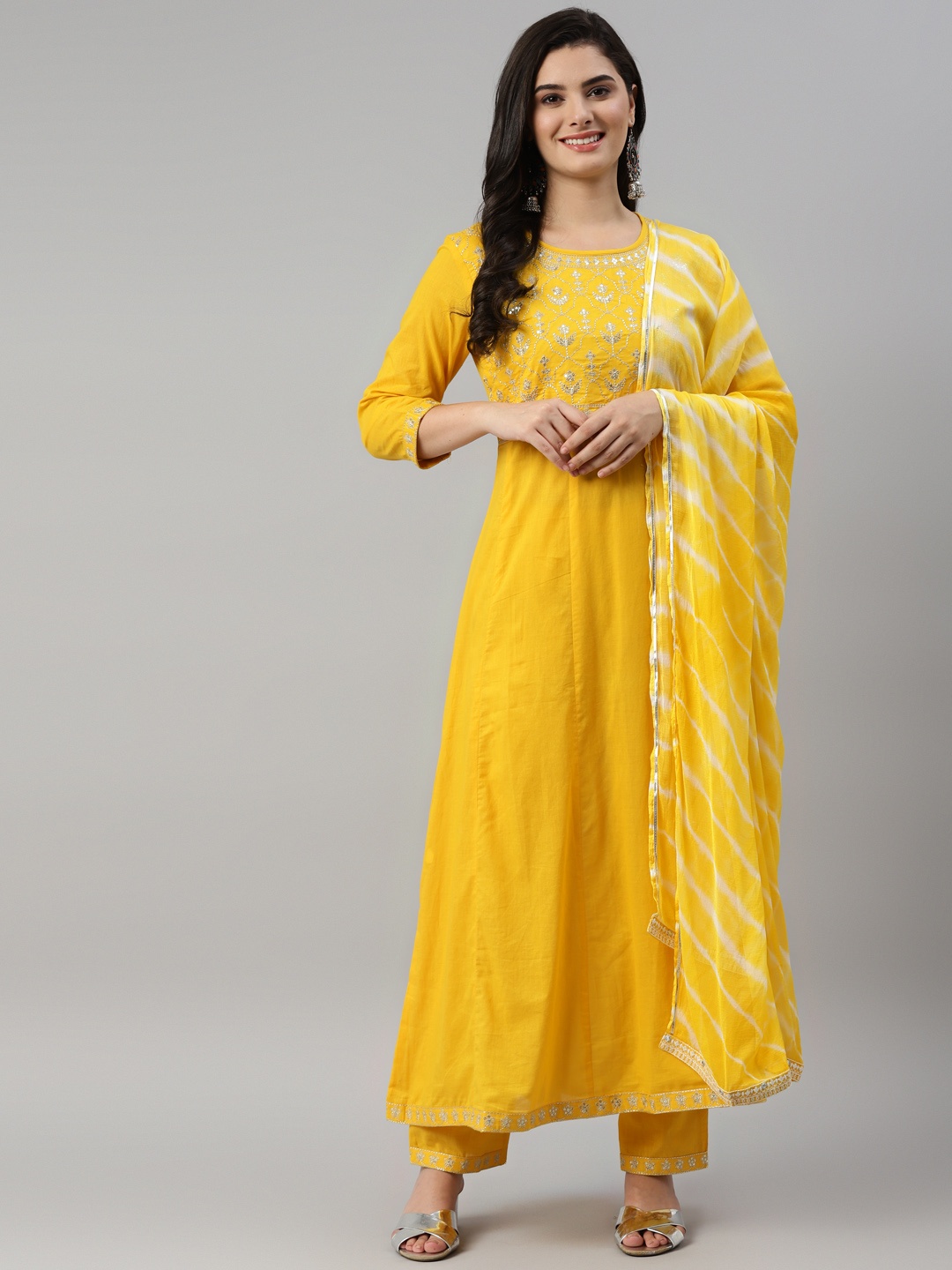 

MAAND Women Yellow Floral Yoke Design Thread Work Kurta with Trouser & Dupatta