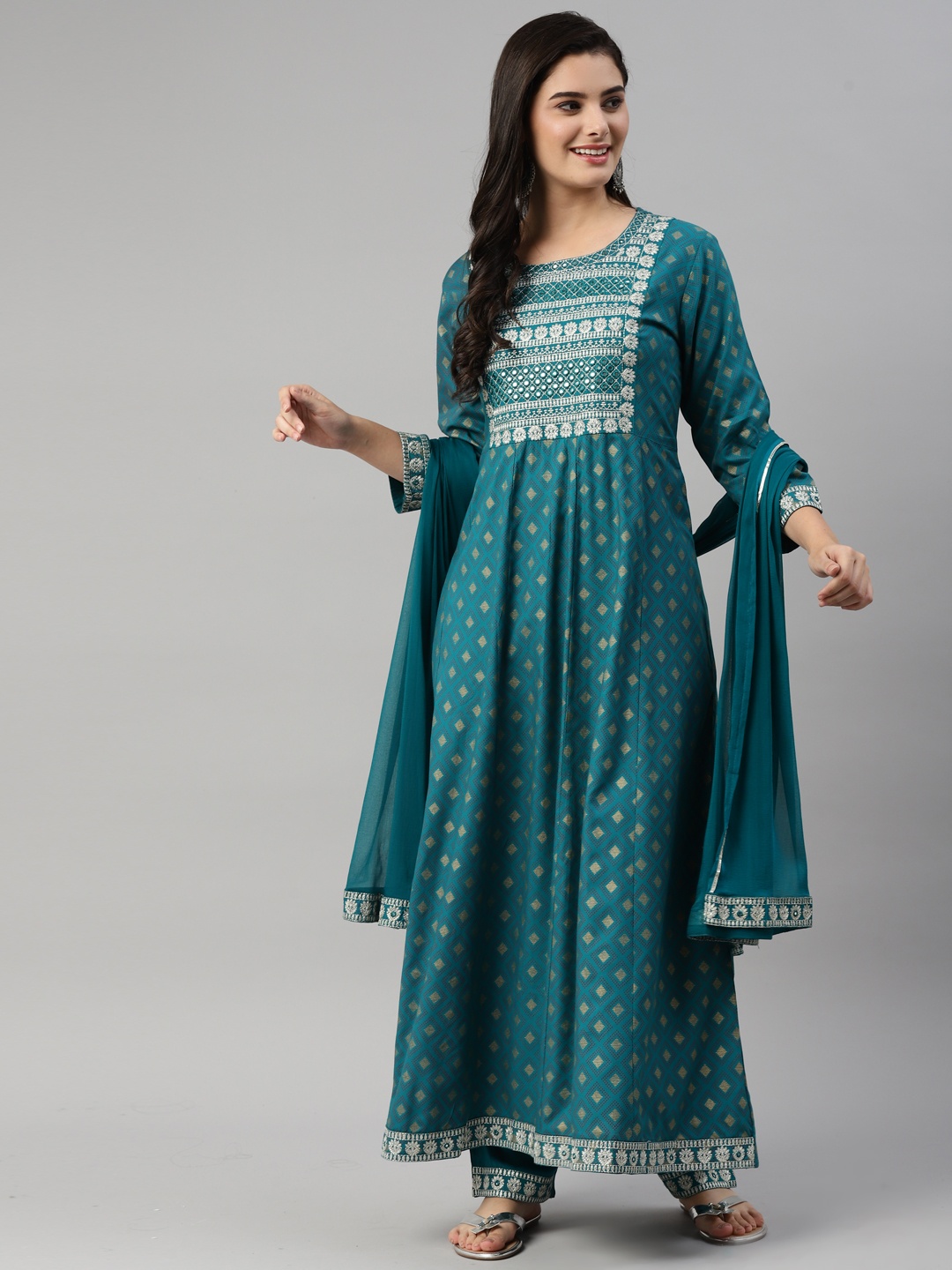 

MAAND Women Teal Embroidered Kurta with Trouser & With Dupatta Set