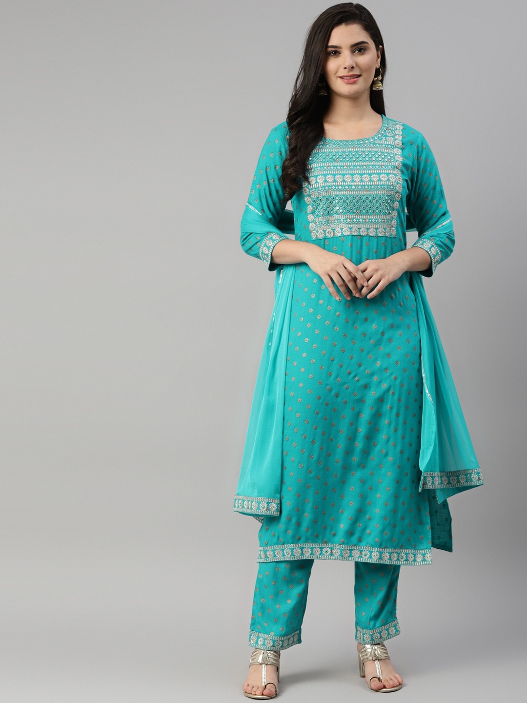 

MAAND Women Blue Ethnic Motifs Printed Thread Work Kurta with Trousers & With Dupatta