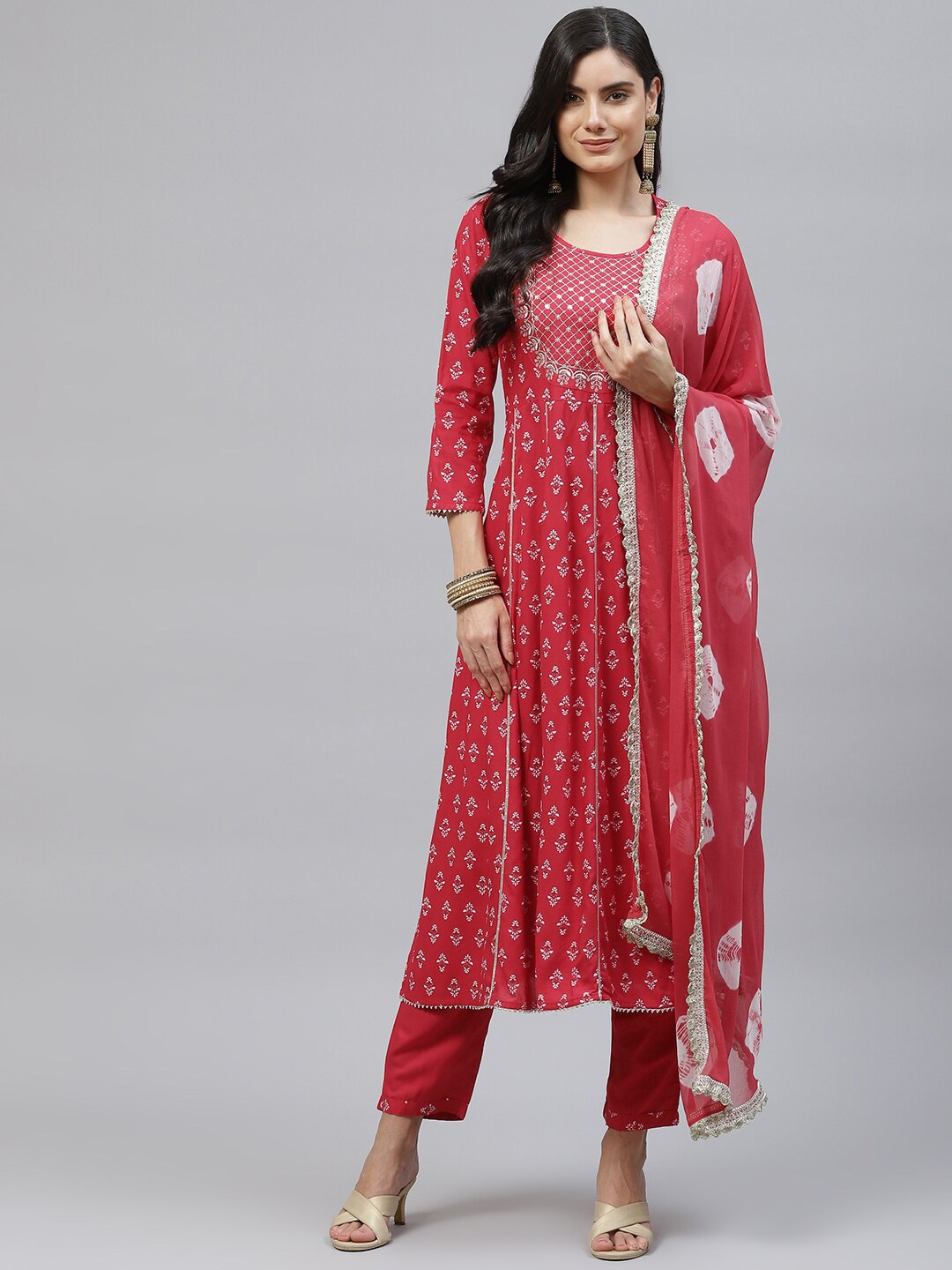 

MAAND Red Ethnic Motifs Embroidered Empire Thread Work Kurta with Trousers & With Dupatta