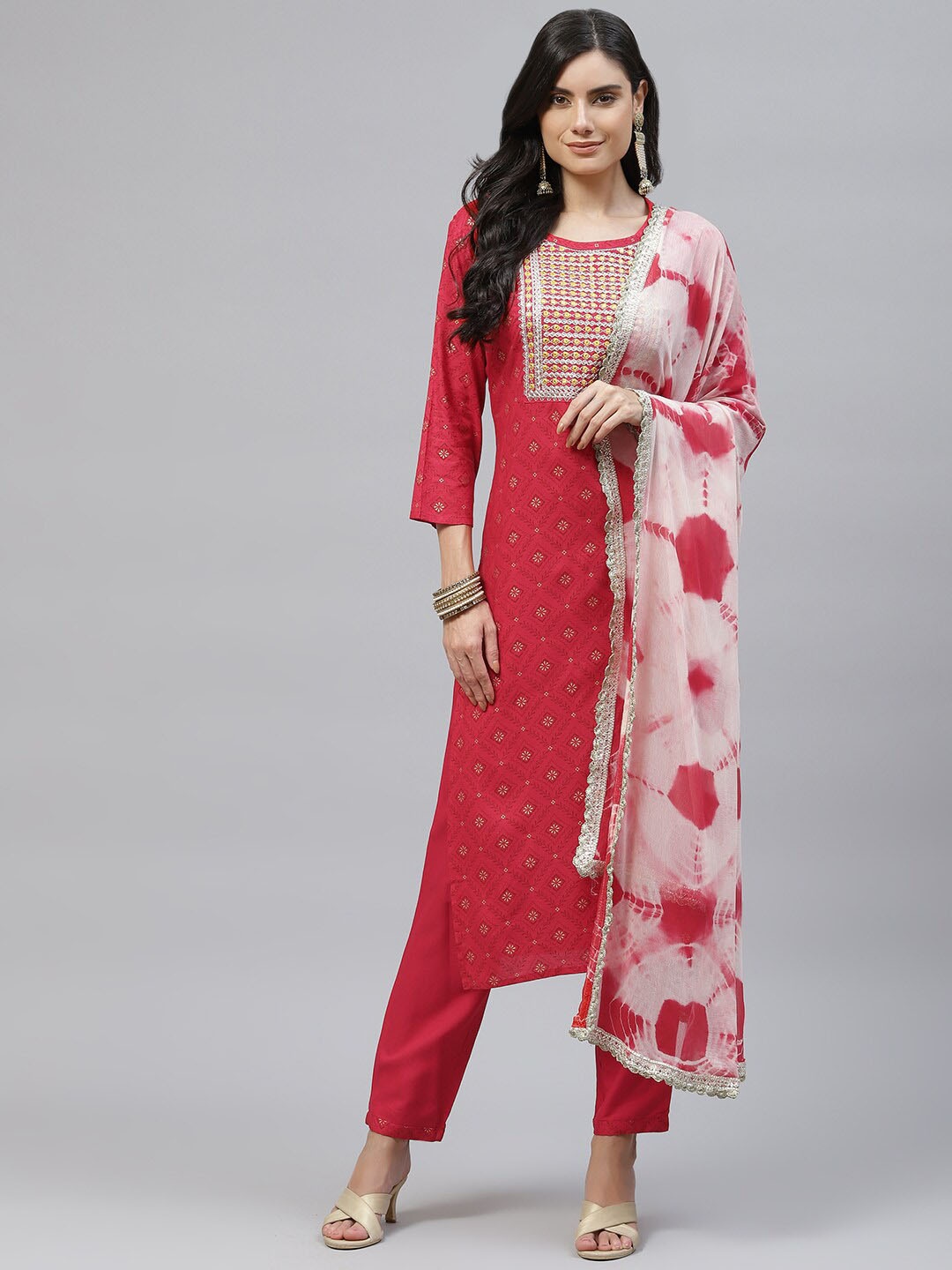 

MAAND Red & White Ethnic Motifs Embroidered Kurta with Trousers & With Dupatta