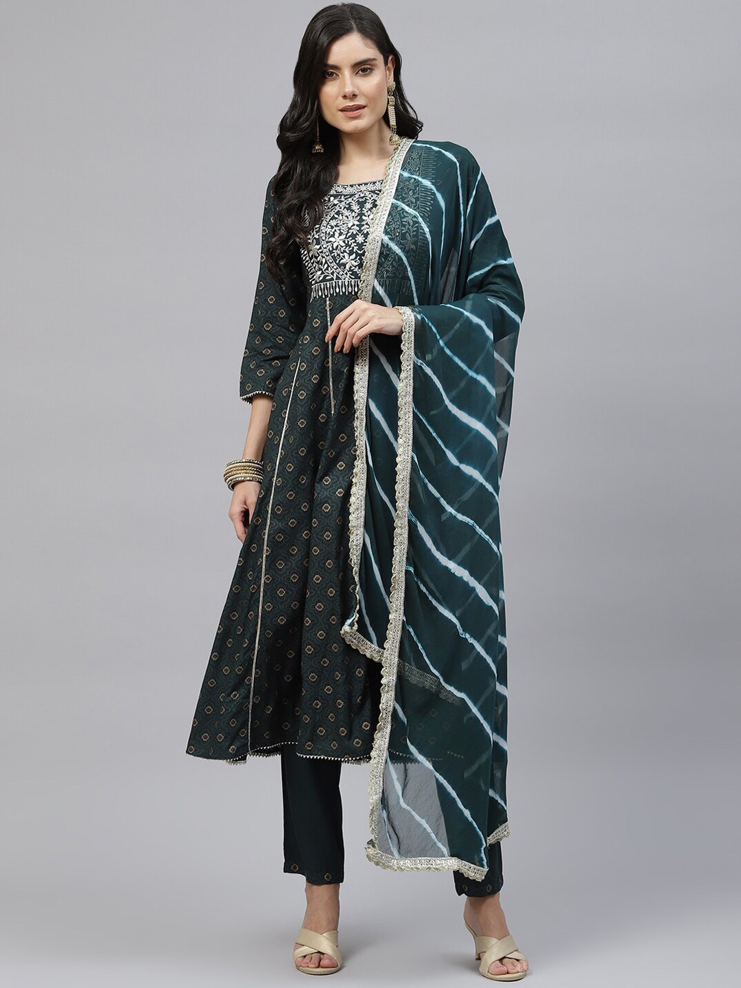 

MAAND Green Ethnic Motifs Embroidered Empire Kurta with Trousers & With Dupatta