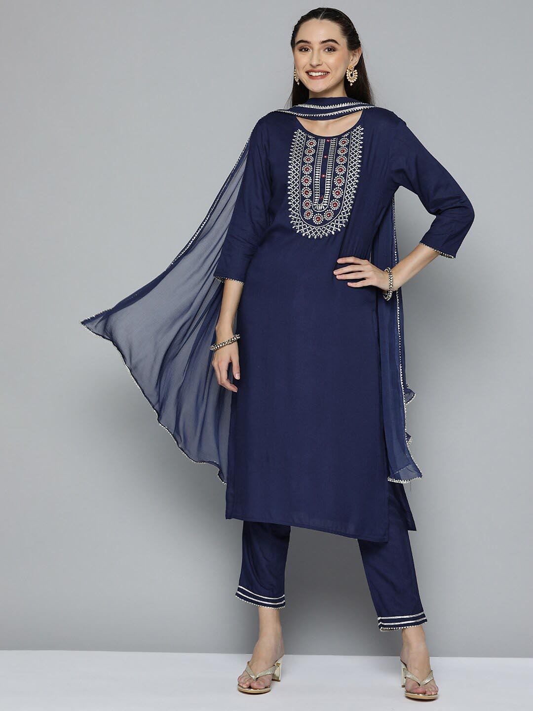 

MAAND Navy Blue Ethnic Motifs Embroidered Thread Work Kurta with Trousers & With Dupatta