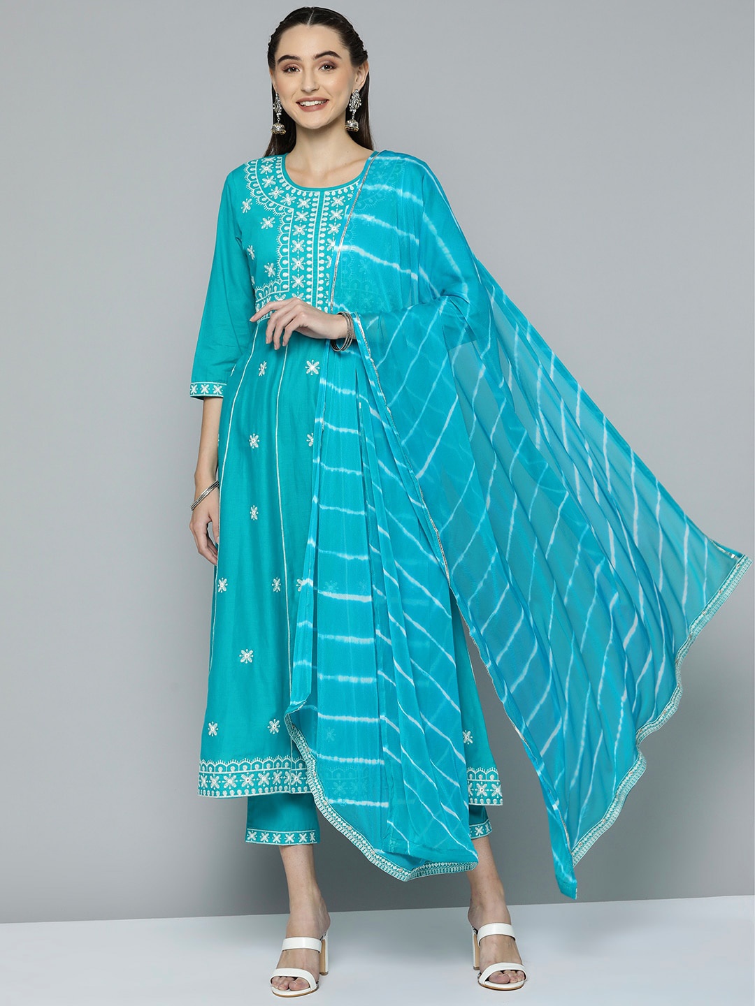 

MAAND Women Blue Ethnic Motifs Embroidered Panelled Kurta with Trousers & With Dupatta
