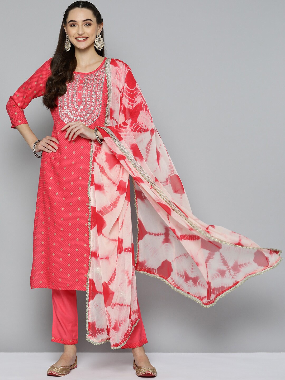 

MAAND Red Ethnic Motifs Embroidered Thread Work Kurta with Trousers & With Dupatta