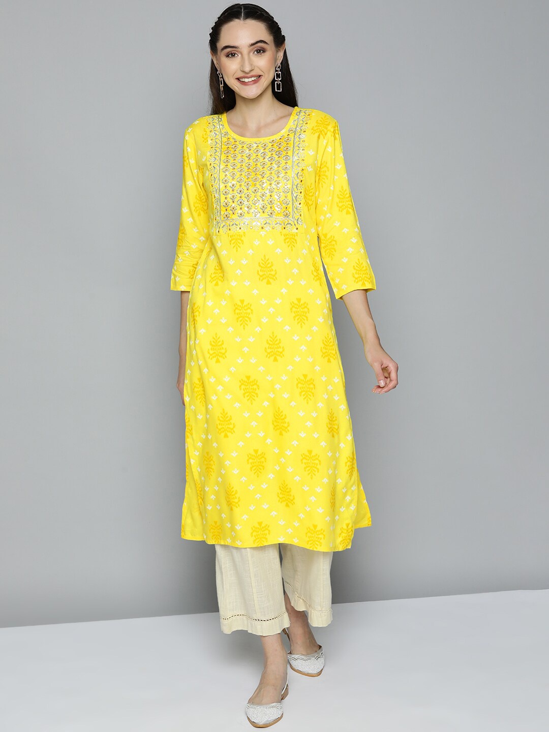 

MAAND Ethnic Motifs Printed Thread Work Kurta, Yellow