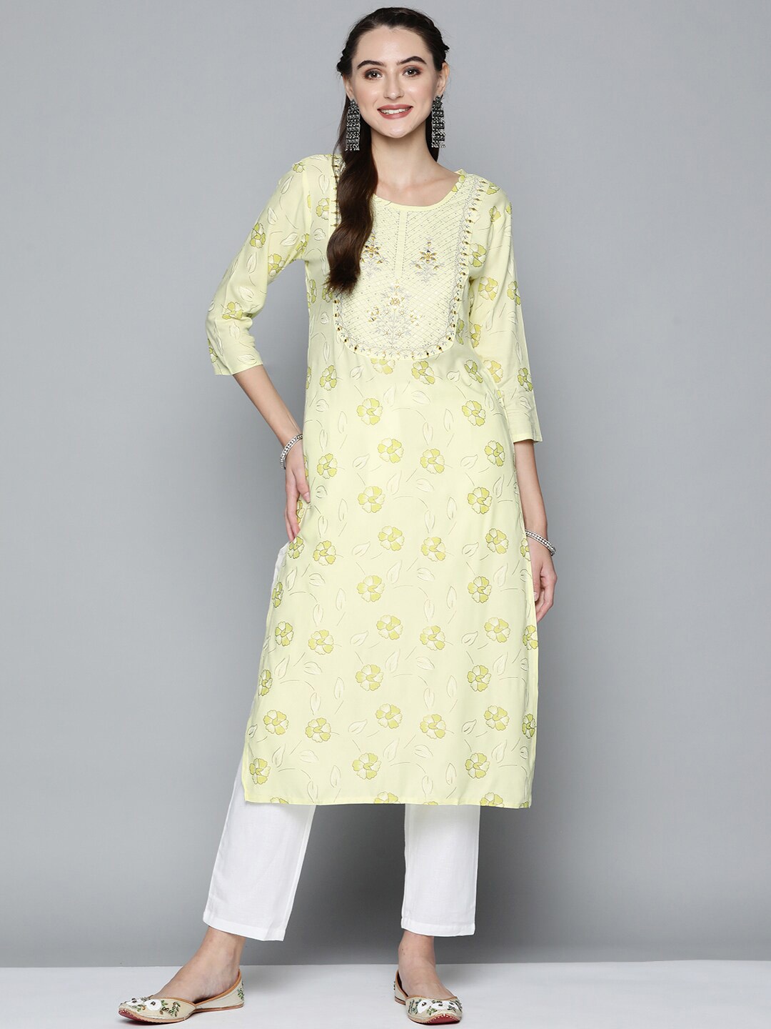 

MAAND Ethnic Motifs Printed Thread Work Kurta, Yellow