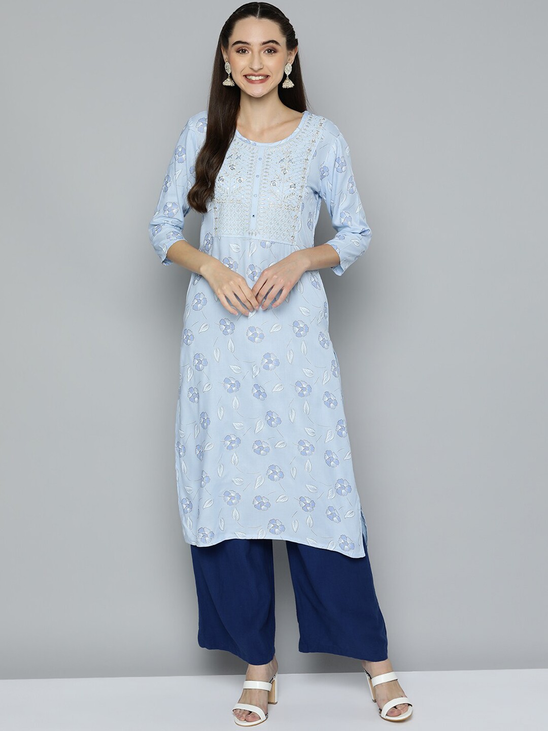 

MAAND Floral Printed Straight Regular Kurta, Blue