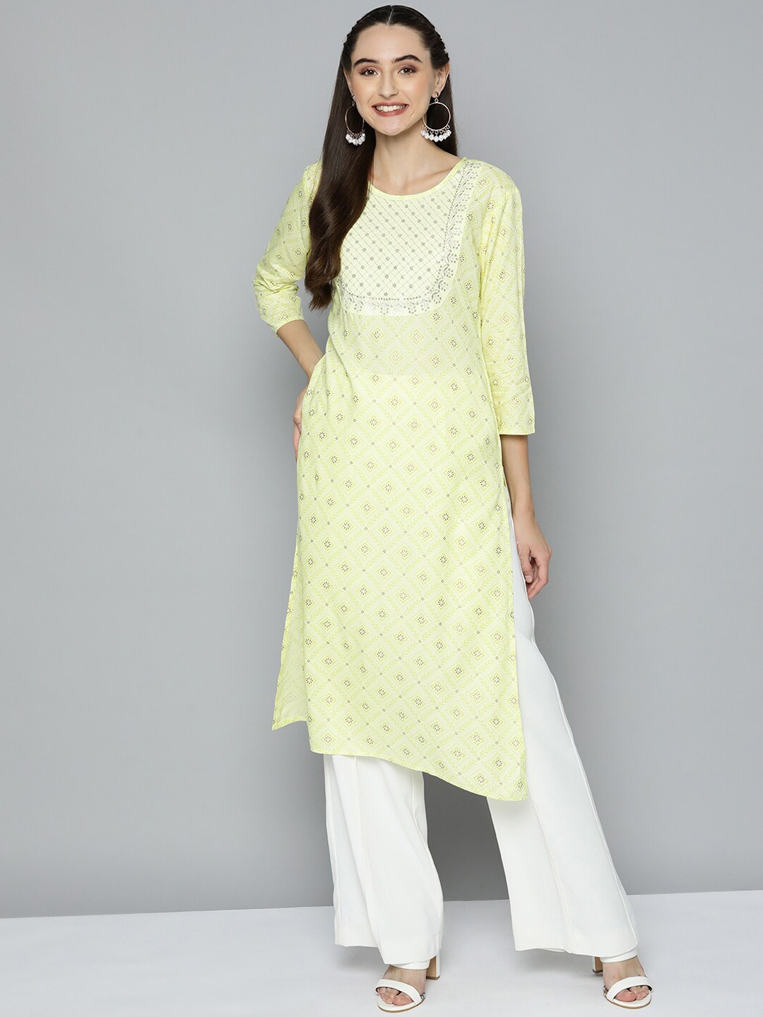 

MAAND Ethnic Motifs Printed Thread Work Kurta, Yellow