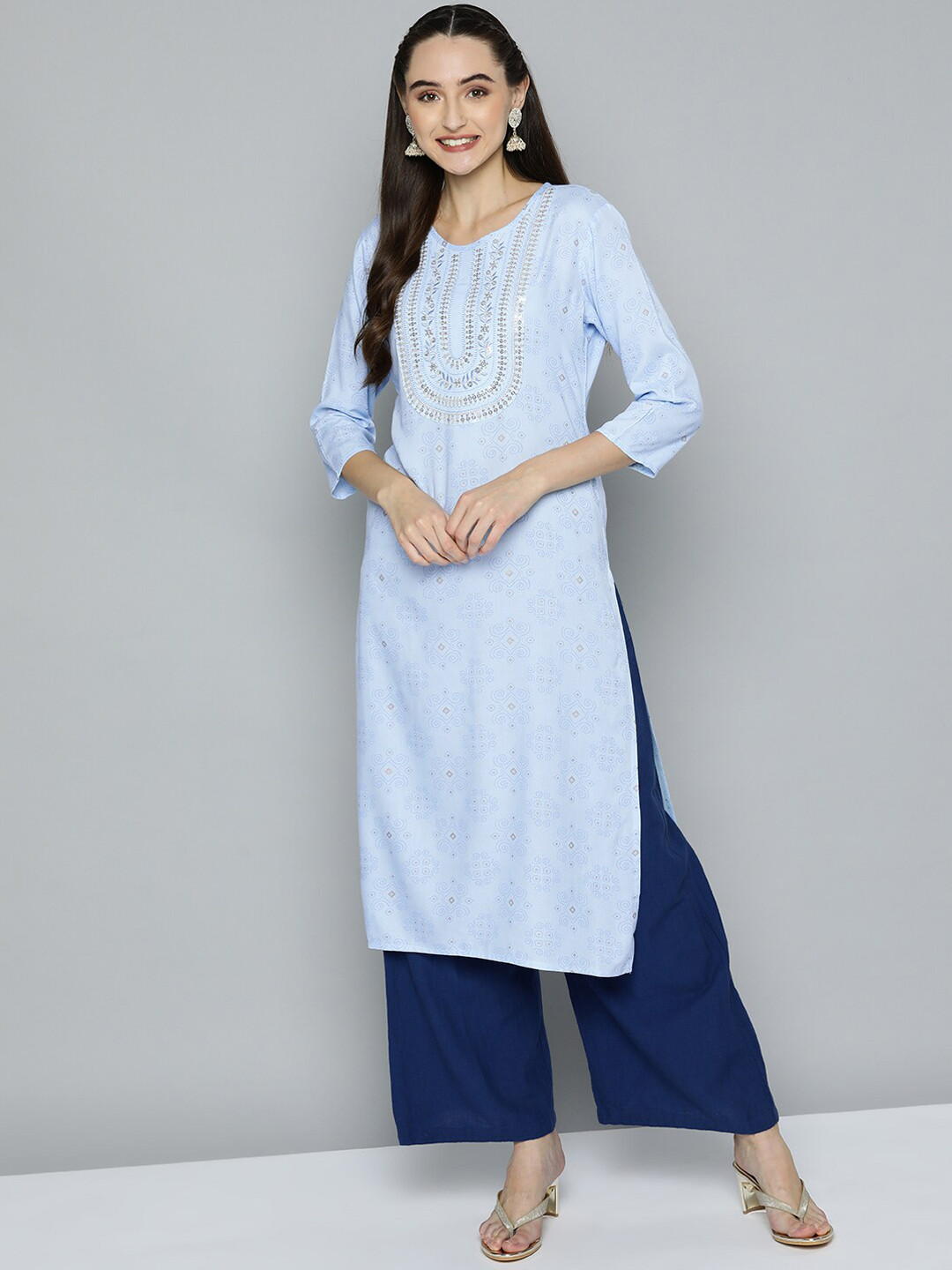 

MAAND Ethnic Motifs Printed Thread Work Kurta, Blue
