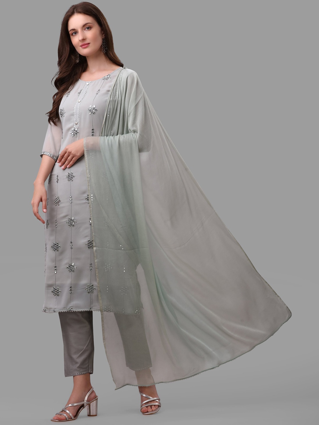 

Berrylicious Women Grey Mirror Work Silk Georgette Kurta with Trouser & Dupatta