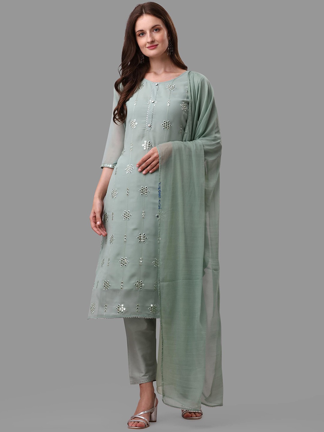 

Berrylicious Women Sea Green Embroidered Mirror Work Silk Georgette Kurta Set & Dupatta