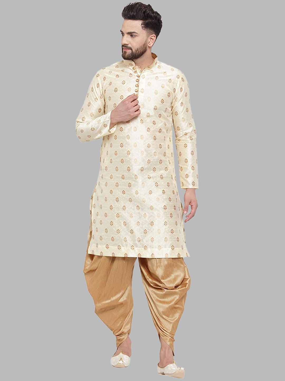 

ROYAL KURTA Men Gold-Toned Ethnic Motifs Printed Kurta with Dhoti Pants