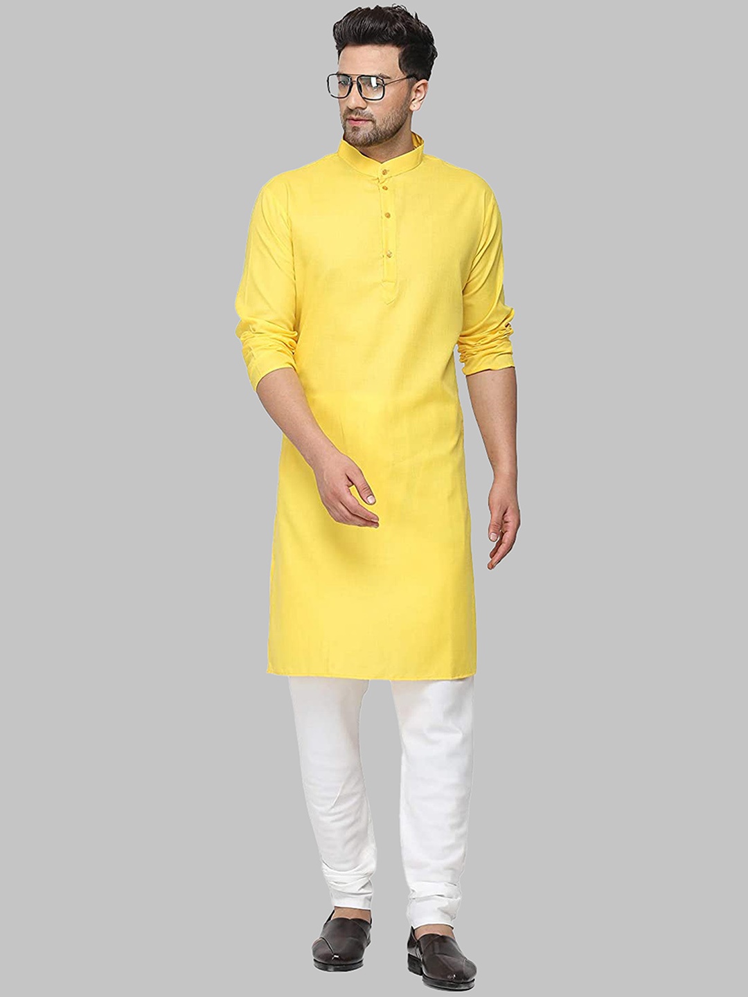 

ROYAL KURTA Men Yellow & White Pure Cotton Kurta with Churidar