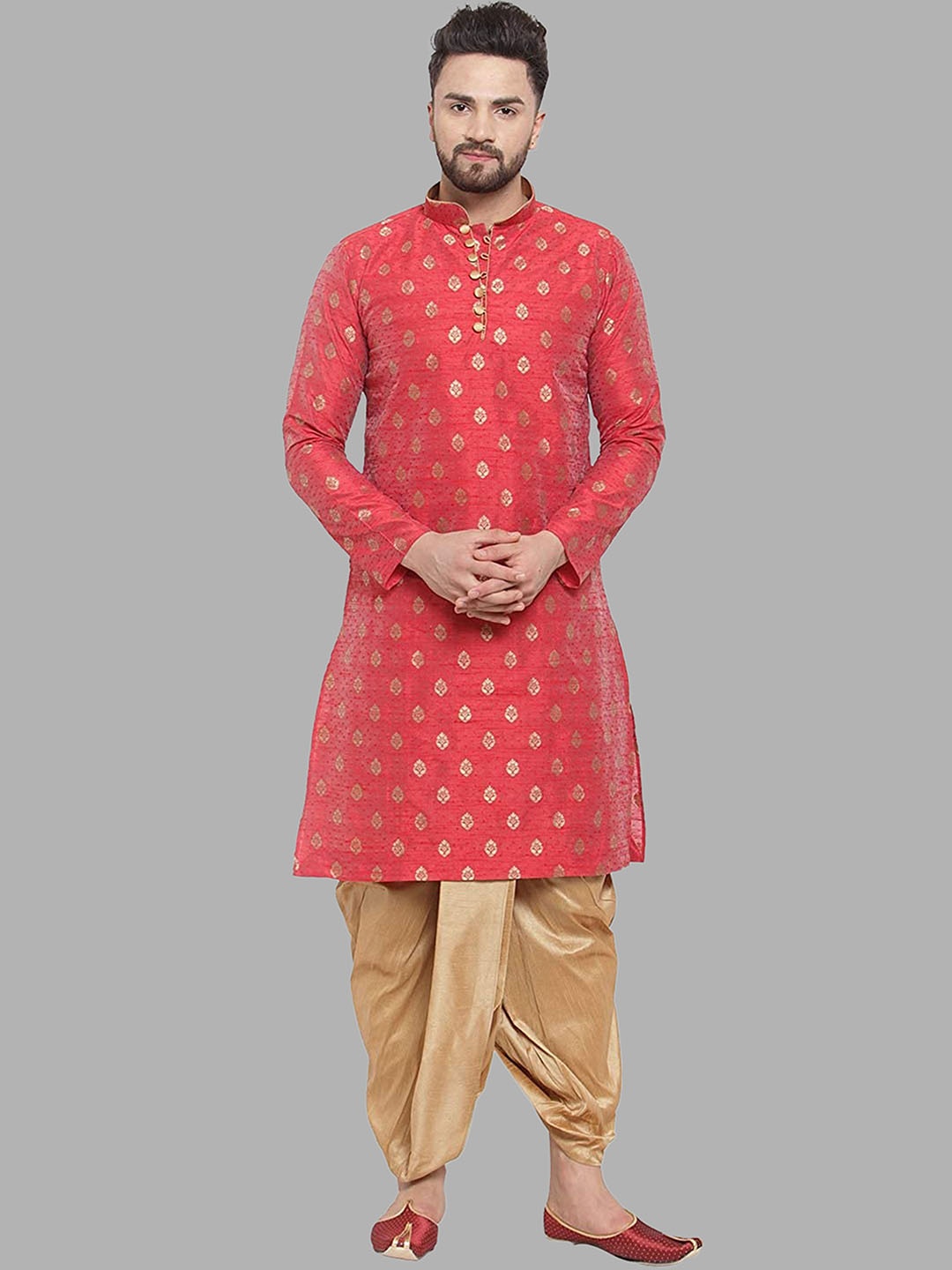 

ROYAL KURTA Men Maroon & Gold Toned Ethnic Motifs Printed Kurta with Dhoti Pants