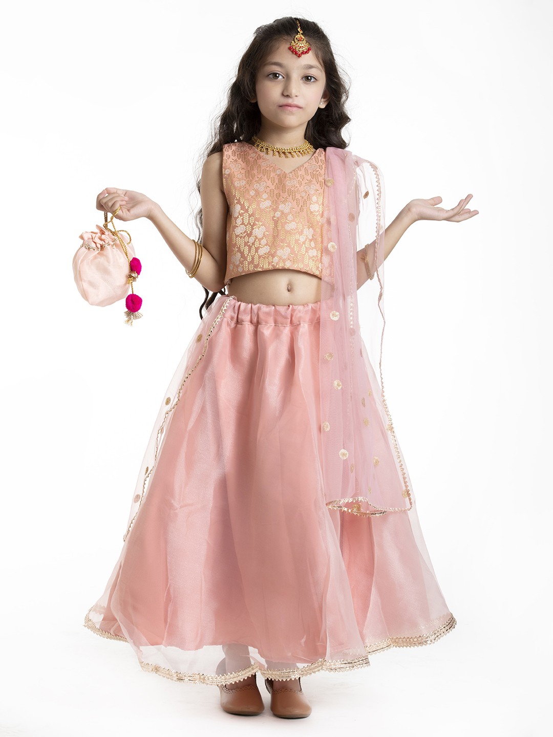 

BYB PREMIUM Girls Peach-Coloured & Gold-Toned Embellished Ready to Wear Lehenga & Blouse With Dupatta