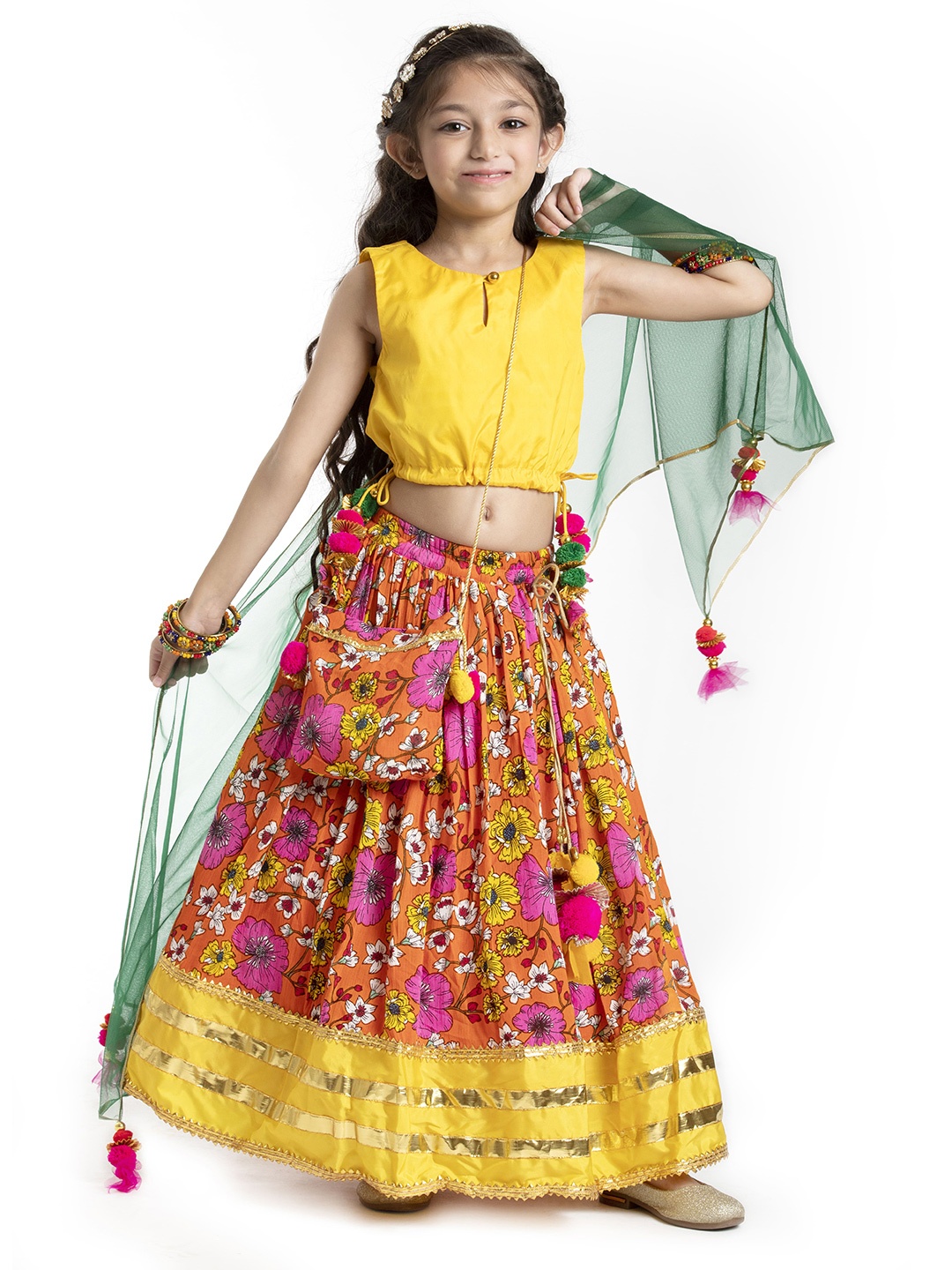 

BYB PREMIUM Girls Yellow & Pink Ready to Wear Lehenga & Blouse With Dupatta