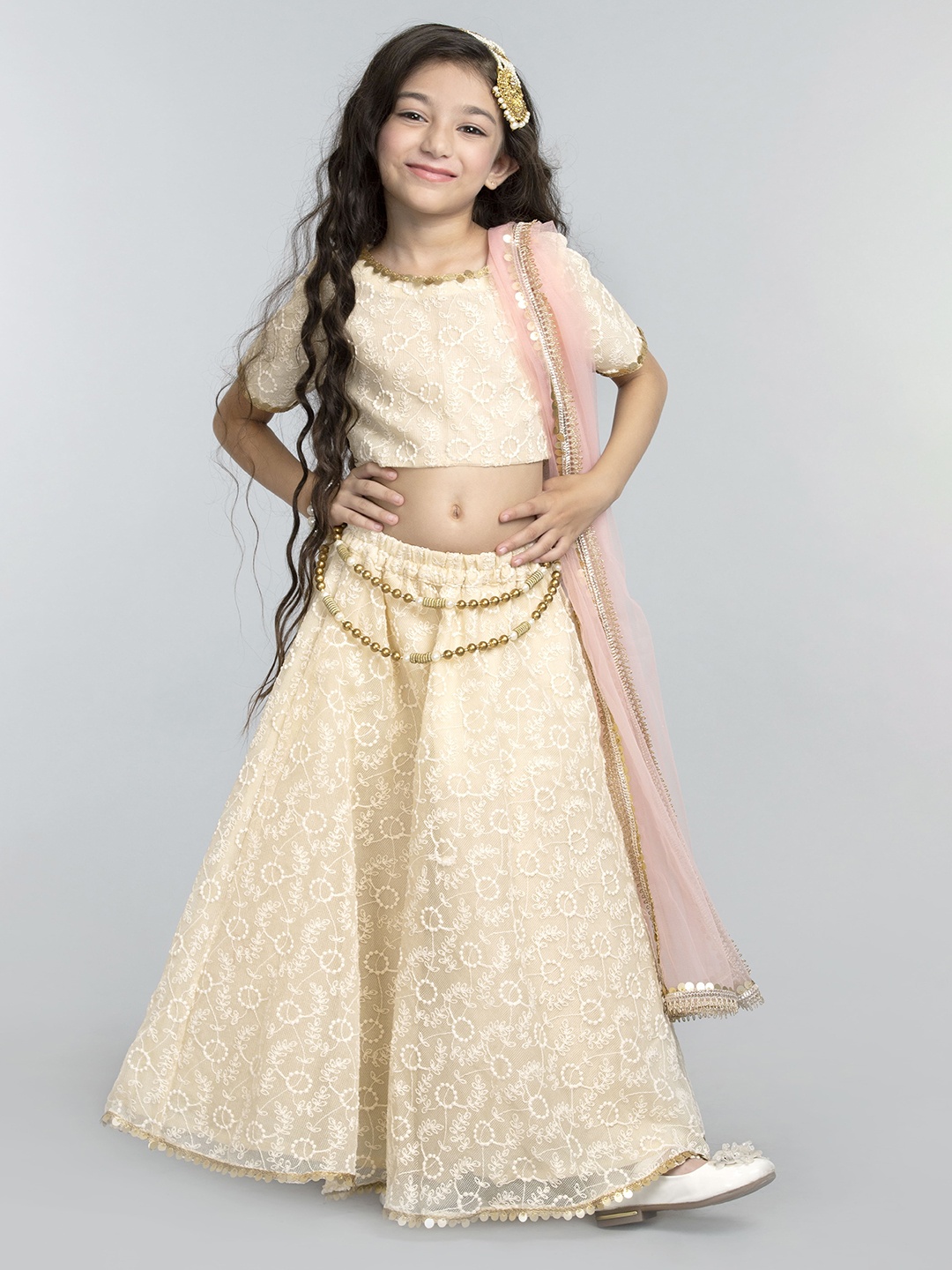 

BYB PREMIUM Girls Cream-Coloured & Pink Embroidered Thread Work Ready to Wear Lehenga & Blouse With Dupatta