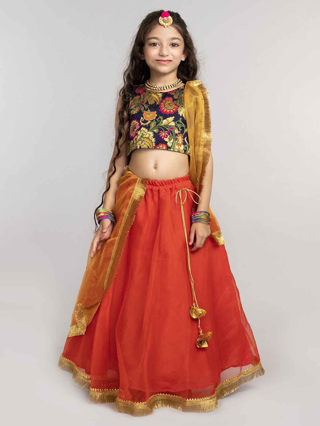 

BYB PREMIUM Girls Orange & Gold-Toned Thread Work Ready to Wear Lehenga & Blouse With Dupatta