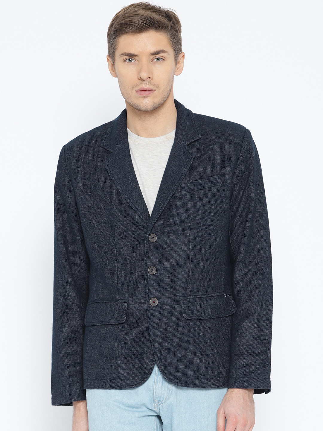

Pepe Jeans Men Navy Blue Solid Single Breasted Casual Blazer