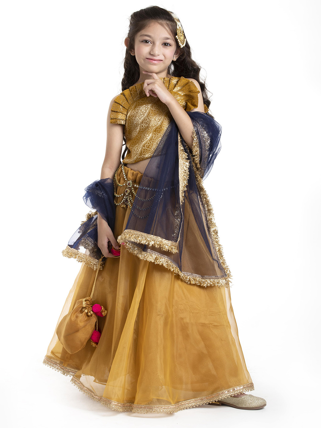 

BYB PREMIUM Girls Gold-Toned & Navy Blue Ready to Wear Lehenga & Blouse With Dupatta