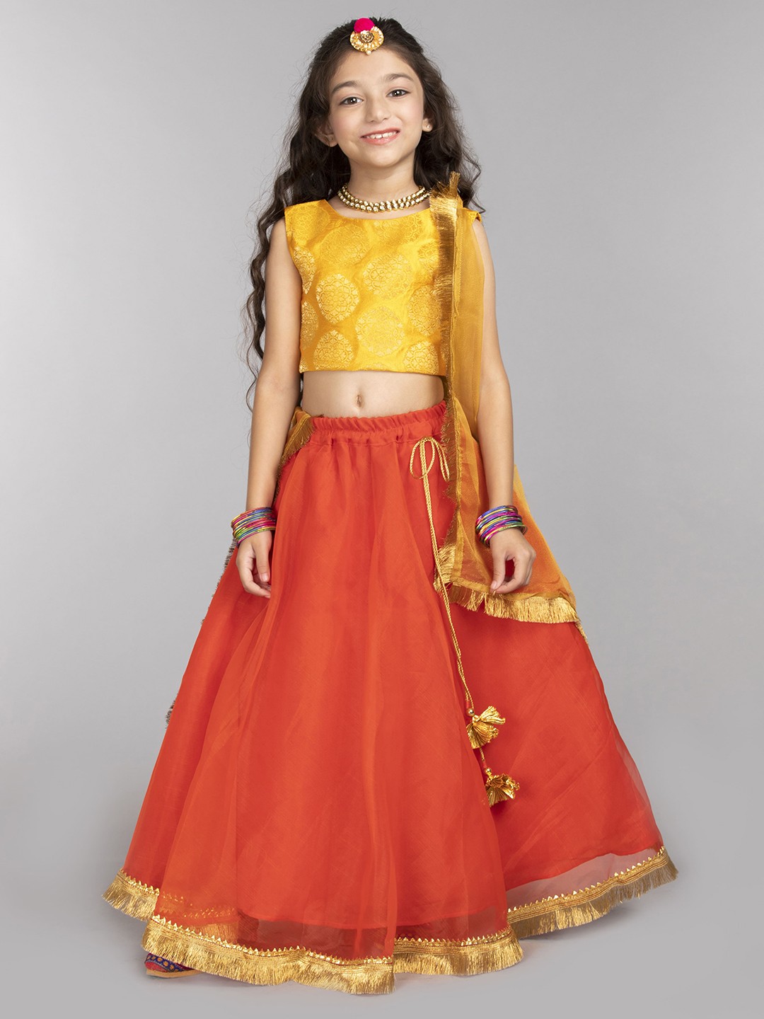 

BYB PREMIUM Girls Orange & Yellow Ready to Wear Lehenga & Blouse With Dupatta
