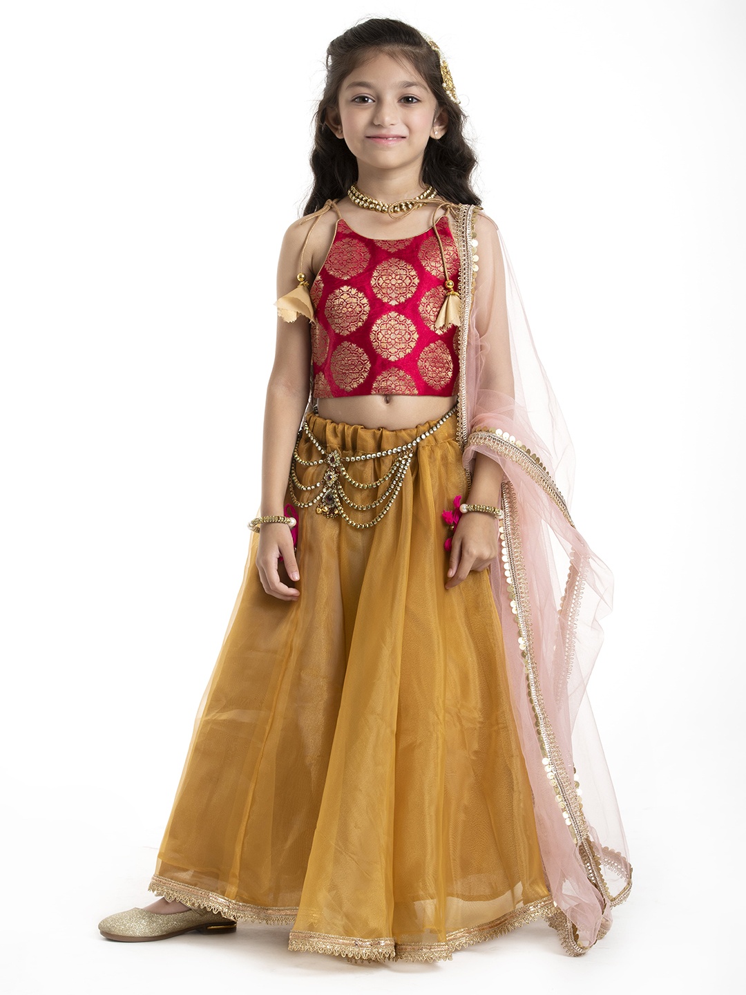 

BYB PREMIUM Girls Gold-Toned & Pink Ready to Wear Lehenga & Blouse With Dupatta
