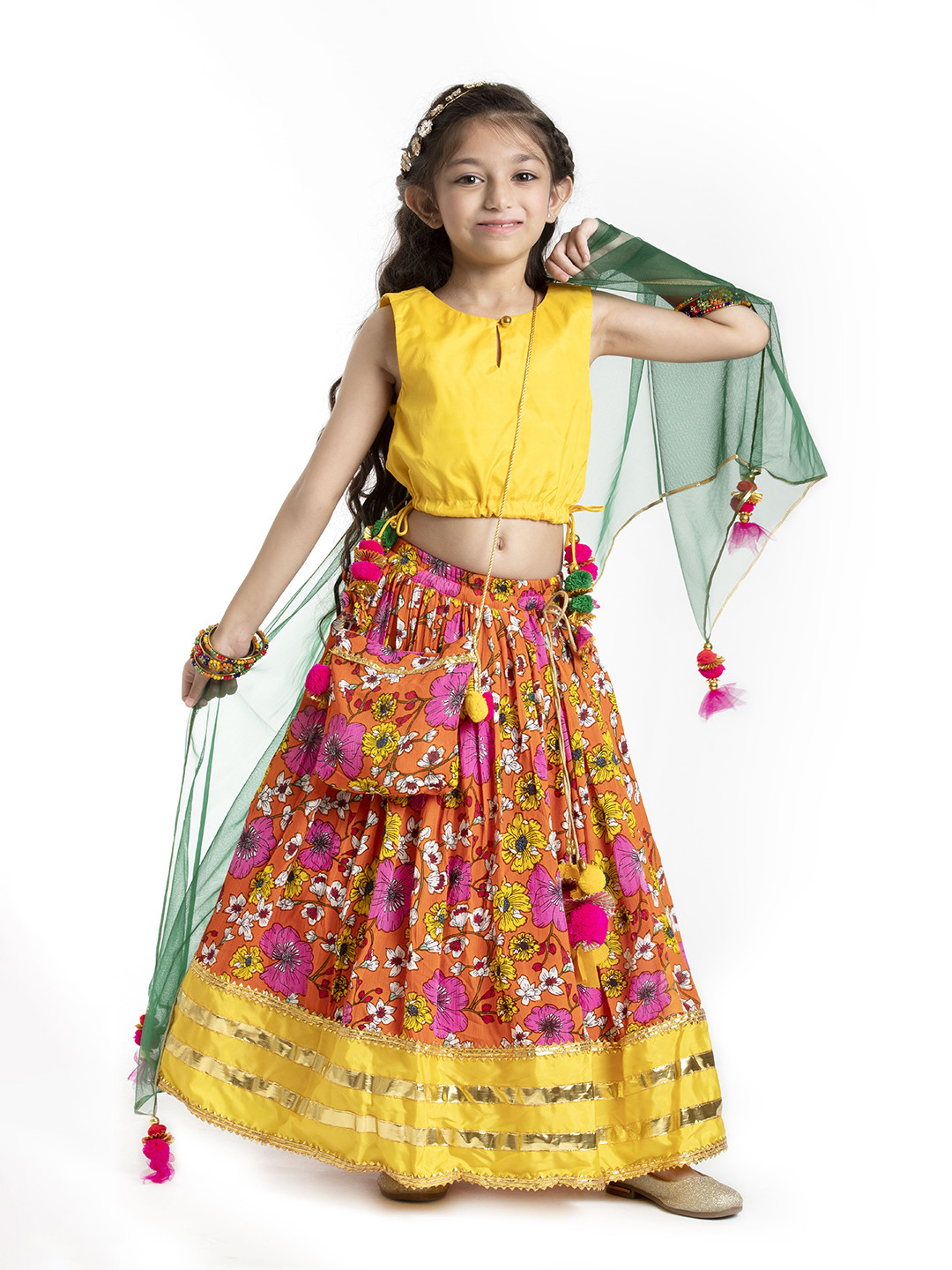 

BYB PREMIUM Girls Yellow & Pink Ready to Wear Lehenga & Blouse With Dupatta