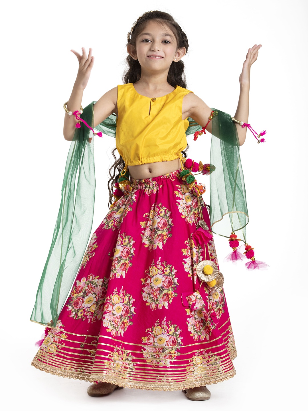 

BYB PREMIUM Girls Fuchsia & Yellow Patchwork Ready to Wear Lehenga Set