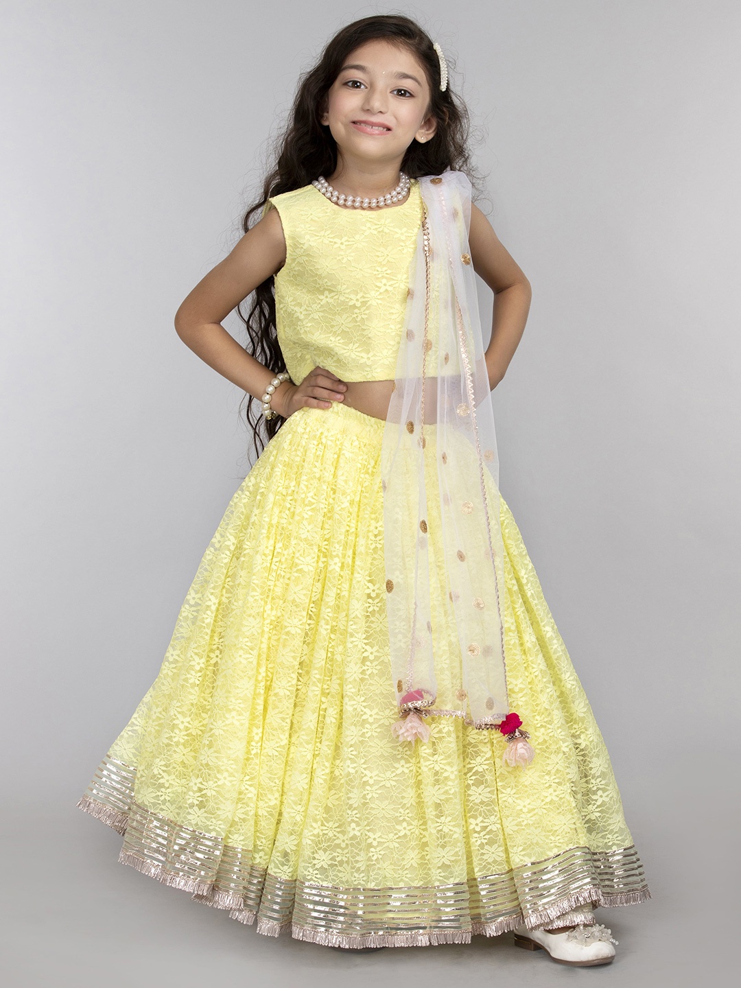 

BYB PREMIUM Girls Lime Green & Silver-Toned Embellished Ready to Wear Lehenga & Blouse With Dupatta