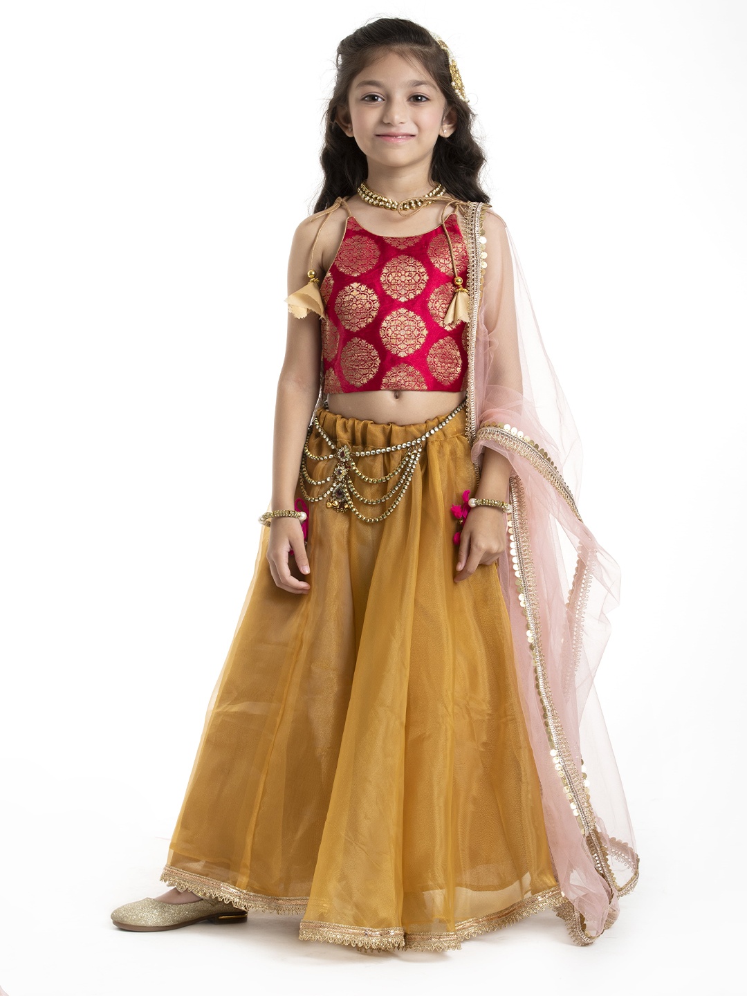 

BYB PREMIUM Girls Gold-Toned & Red Ready to Wear Lehenga & Blouse With Dupatta