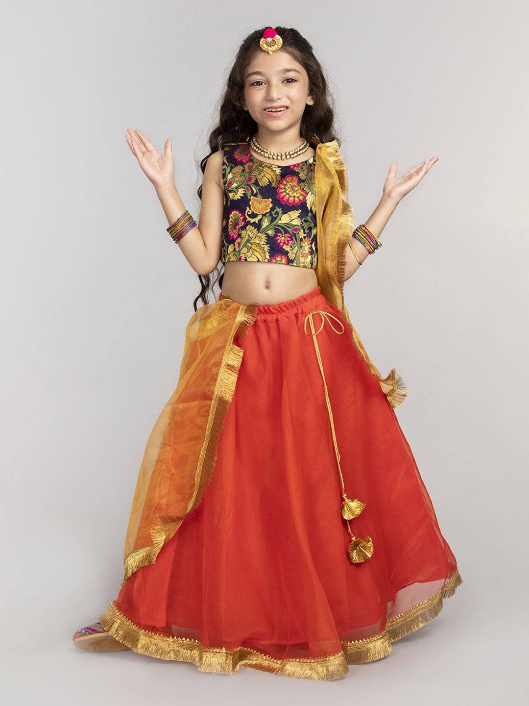 

BYB PREMIUM Girls Orange & Pink Ready to Wear Lehenga & Blouse With Dupatta