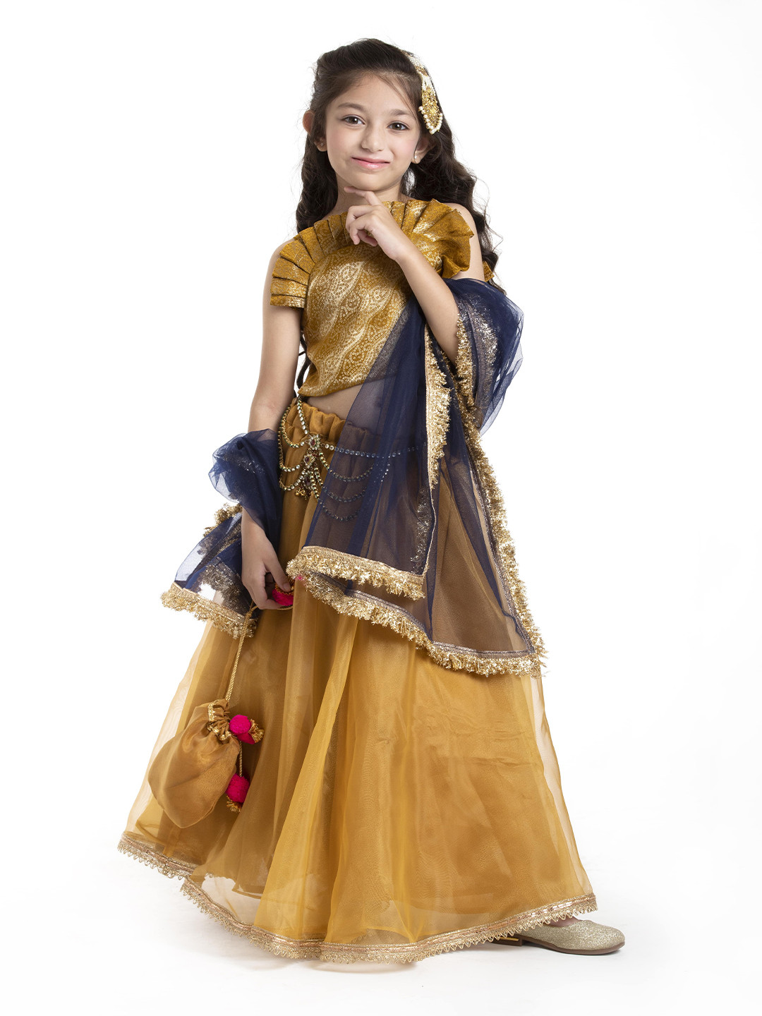 

BYB PREMIUM Girls Gold-Toned & Navy Blue Ready to Wear Lehenga & Blouse With Dupatta