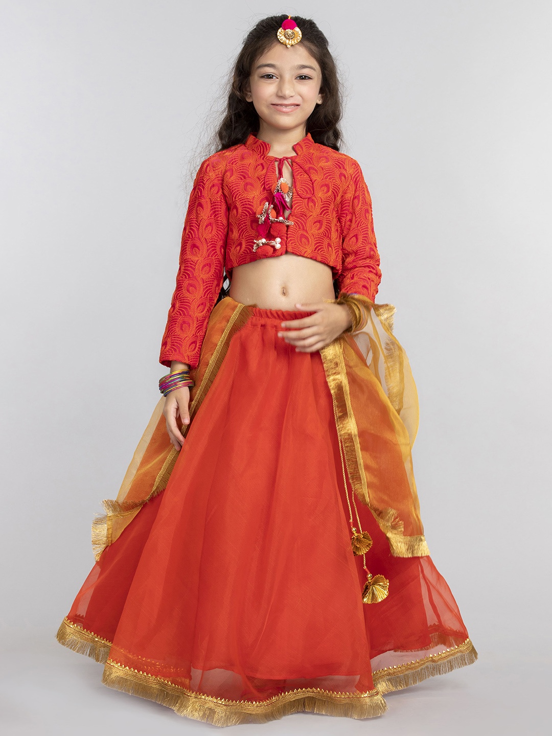 

BYB PREMIUM Girls Orange & Gold-Toned Embroidered Ready to Wear Lehenga Set