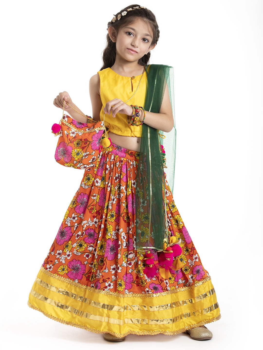 

BYB PREMIUM Girls Yellow & Pink Ready to Wear Lehenga & Blouse With Dupatta