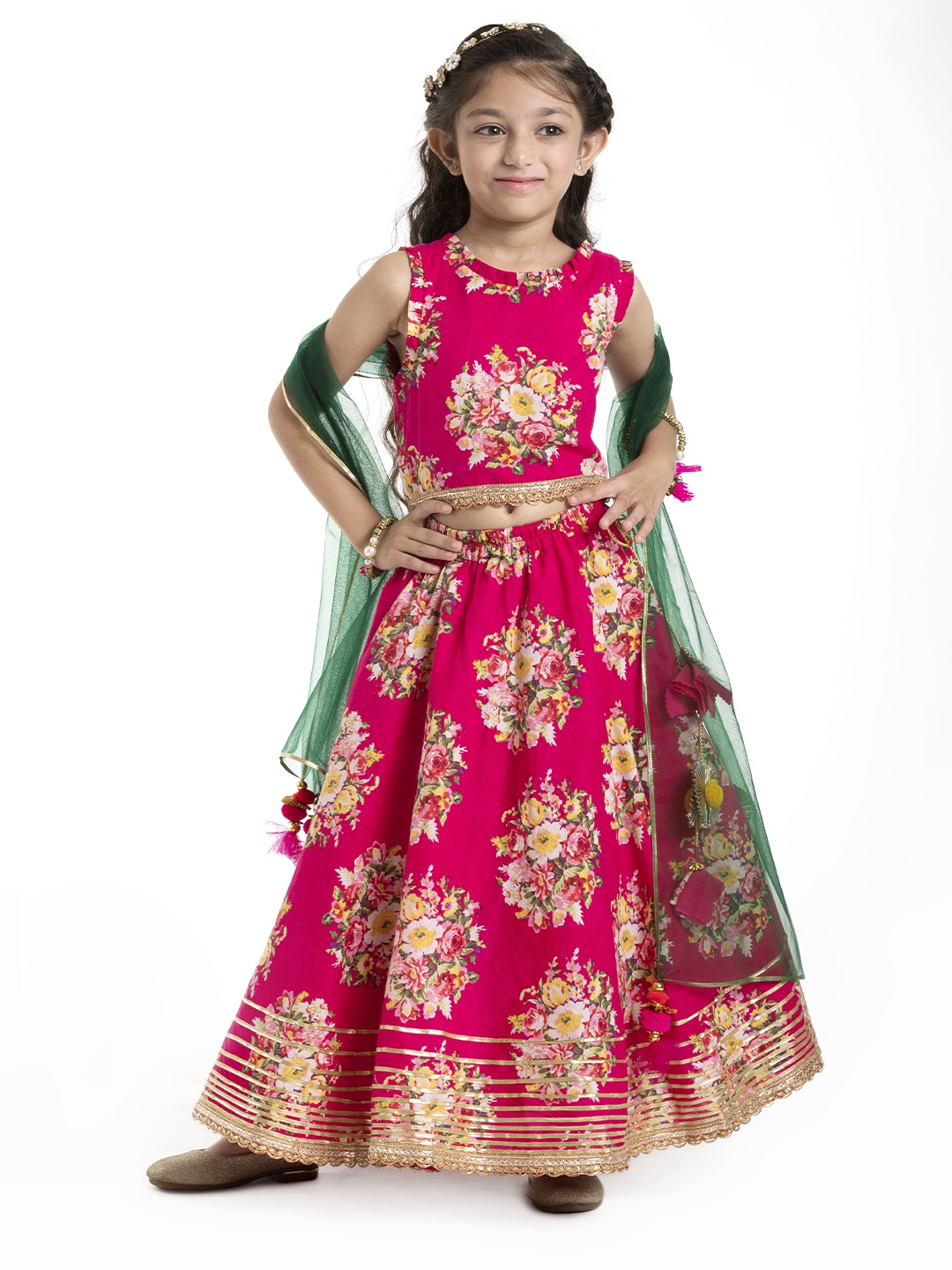 

BYB PREMIUM Girls Fuchsia & Green Printed Ready to Wear Lehenga Set