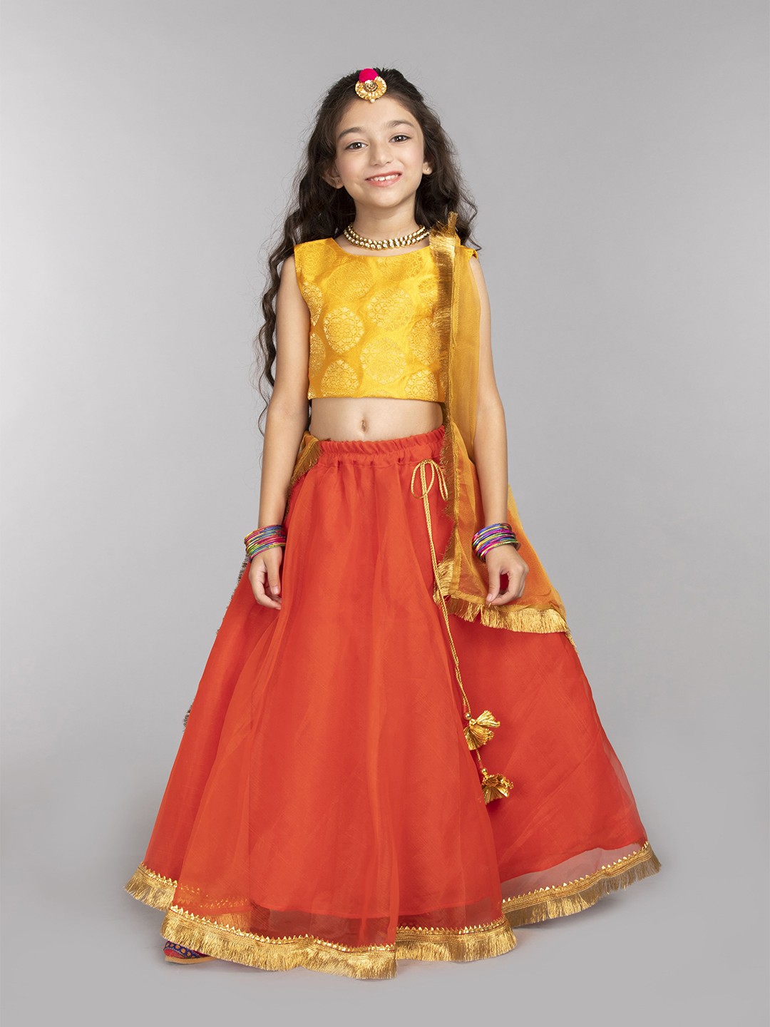 

BYB PREMIUM Girls Orange & Yellow Ready to Wear Lehenga & Blouse With Dupatta