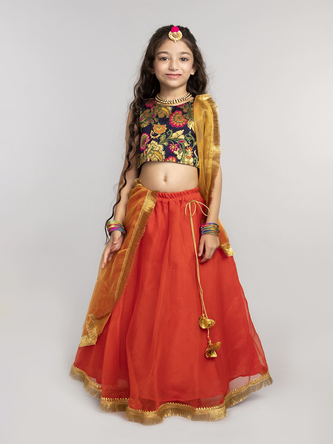 

BYB PREMIUM Girls Orange & Black Ready to Wear Lehenga & Blouse With Dupatta