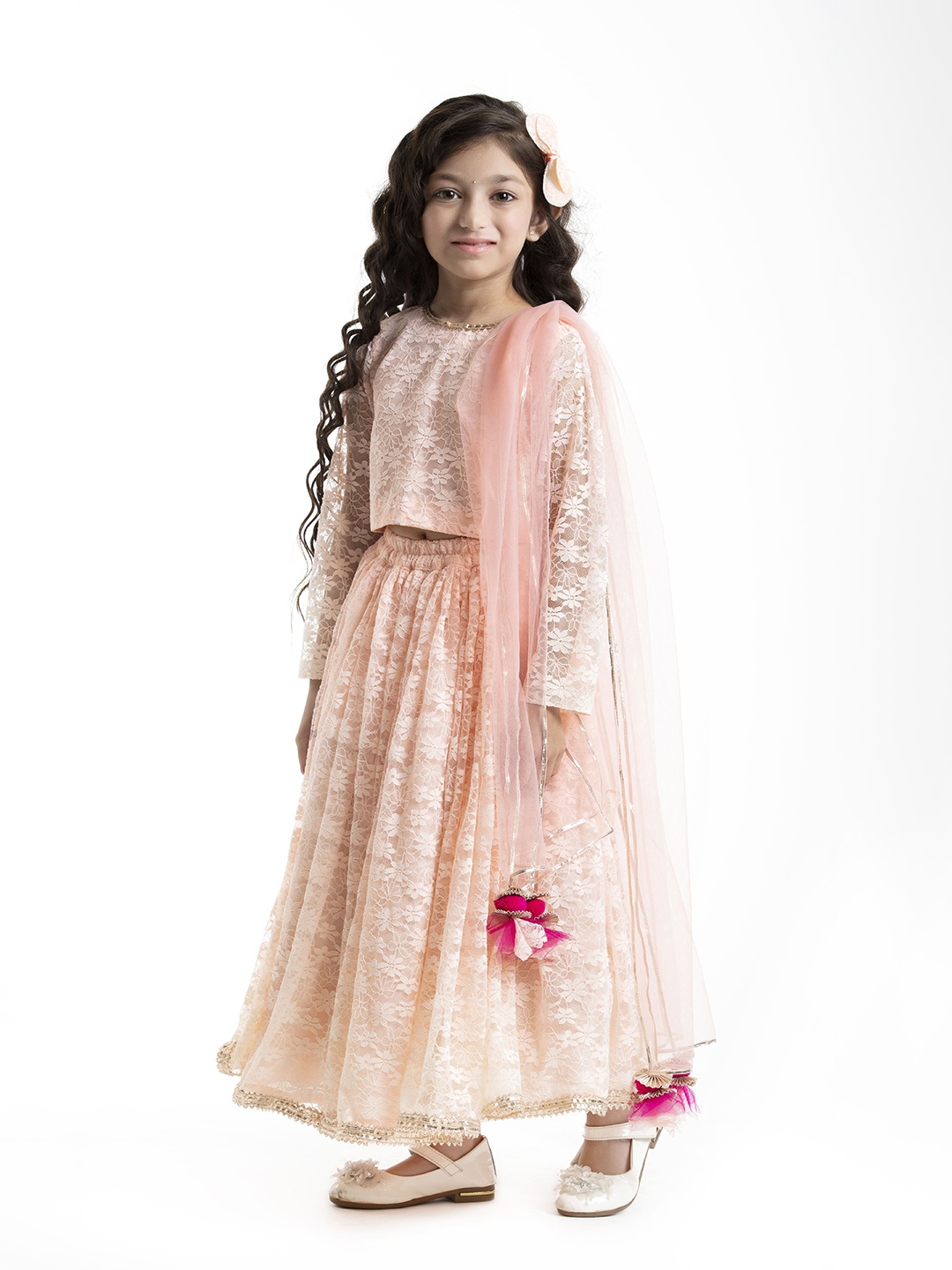 

BYB PREMIUM Girls Pink & Grey Embellished Ready to Wear Lehenga & Blouse With Dupatta