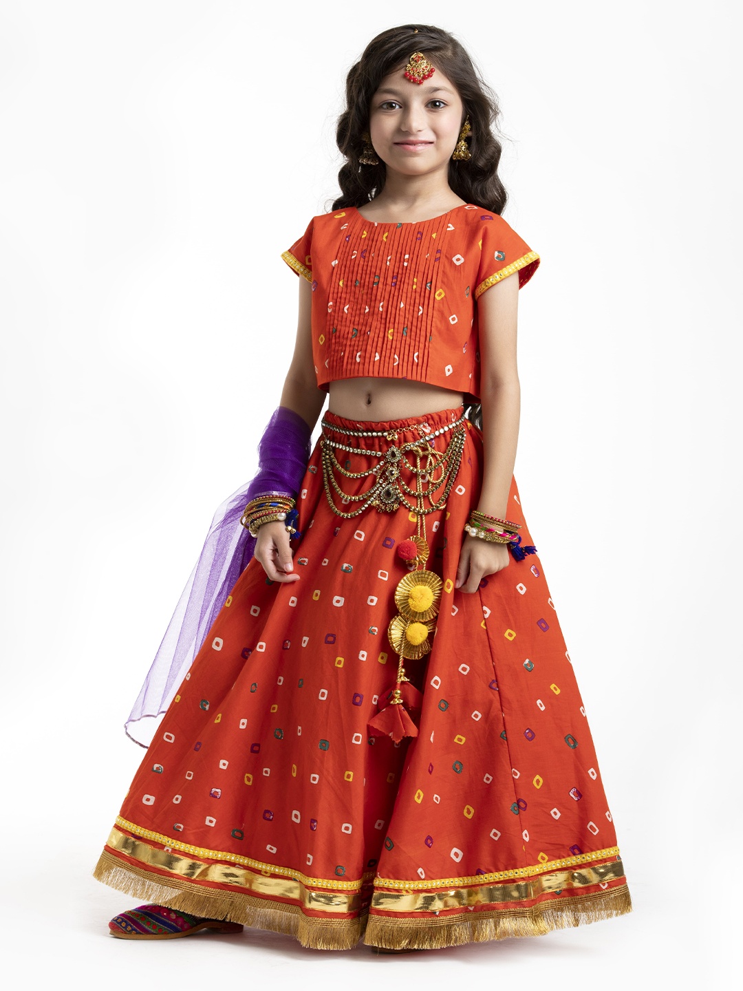 

BYB PREMIUM Girls Orange & Gold-Toned Printed Ready to Wear Lehenga Choli