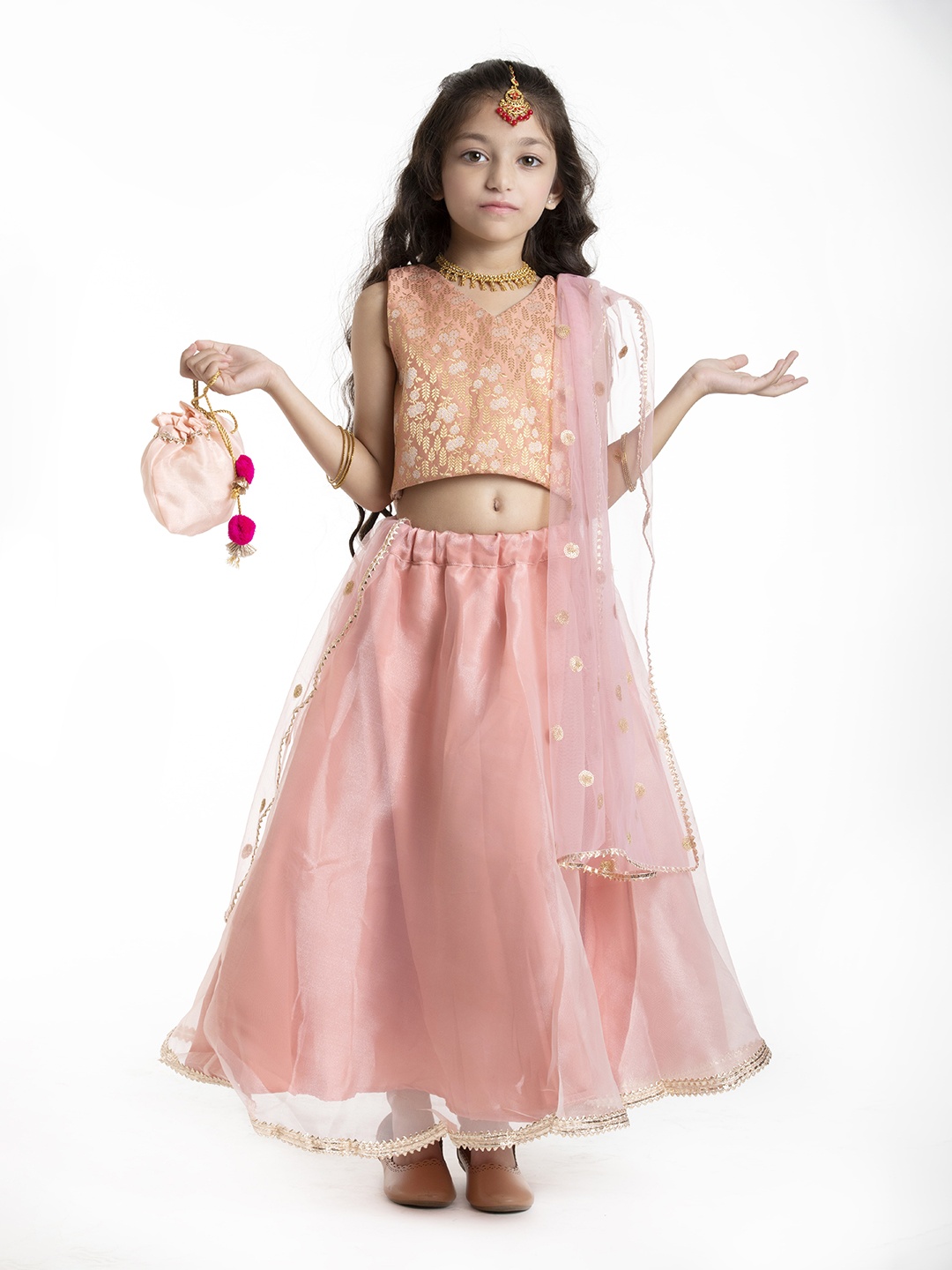 

BYB PREMIUM Girls Peach-Coloured & Gold-Toned Ready to Wear Lehenga Choli