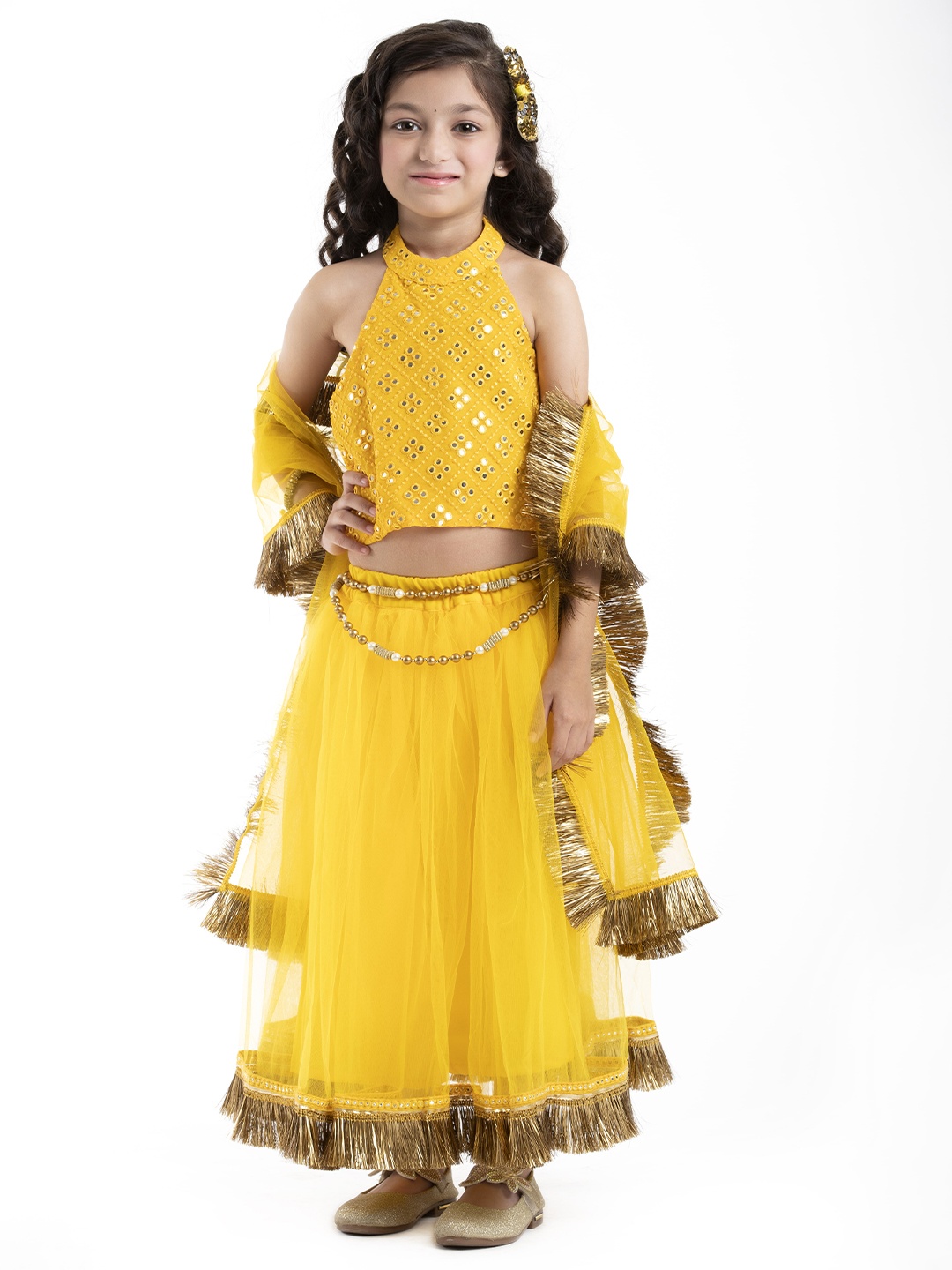 

BYB PREMIUM Girls Yellow & Gold-Toned Embellished Ready to Wear Lehenga Choli