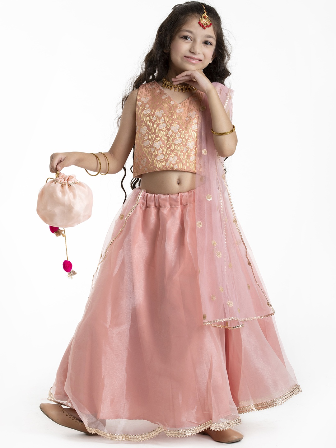 

BYB PREMIUM Girls Peach-Coloured & Gold-Toned Ready to Wear Lehenga Set