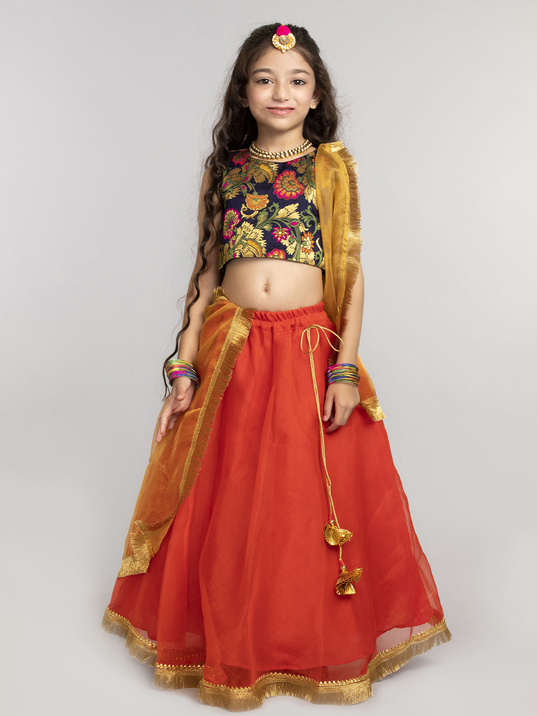 

BYB PREMIUM Girls Orange & Navy Blue Batik Ready to Wear Lehenga Choli