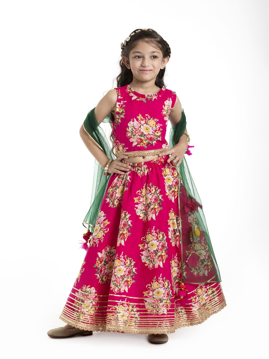 

BYB PREMIUM Girls Fuchsia & Green Printed Ready to Wear Lehenga Choli