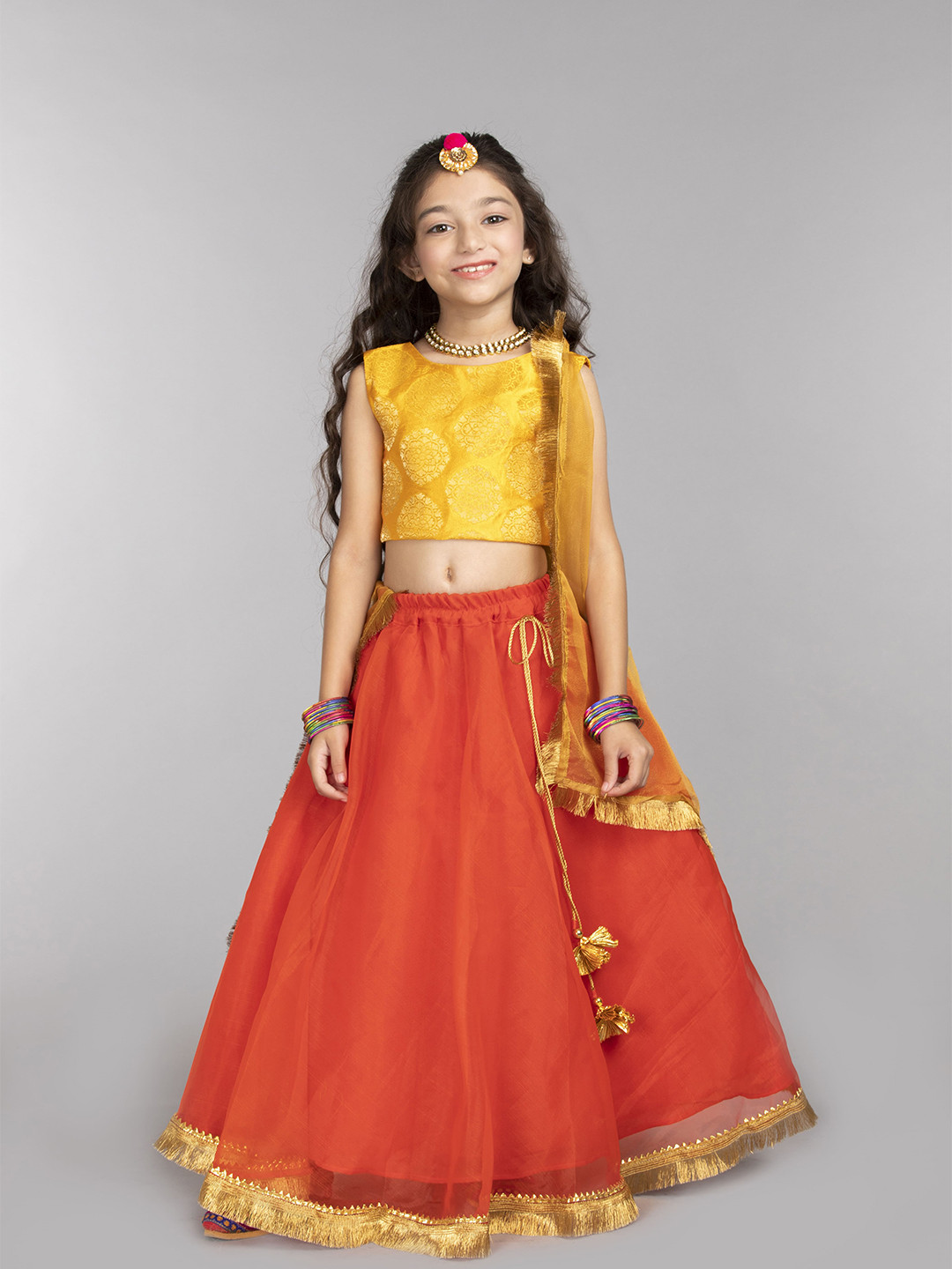 

BYB PREMIUM Girls Orange & Yellow Ready to Wear Lehenga Choli