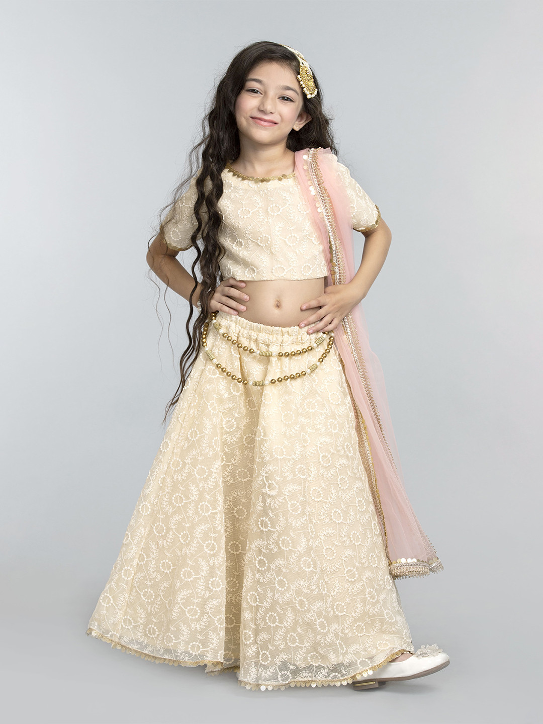 

BYB PREMIUM Girls Cream-Coloured & Gold-Toned Embroidered Ready to Wear Lehenga Choli